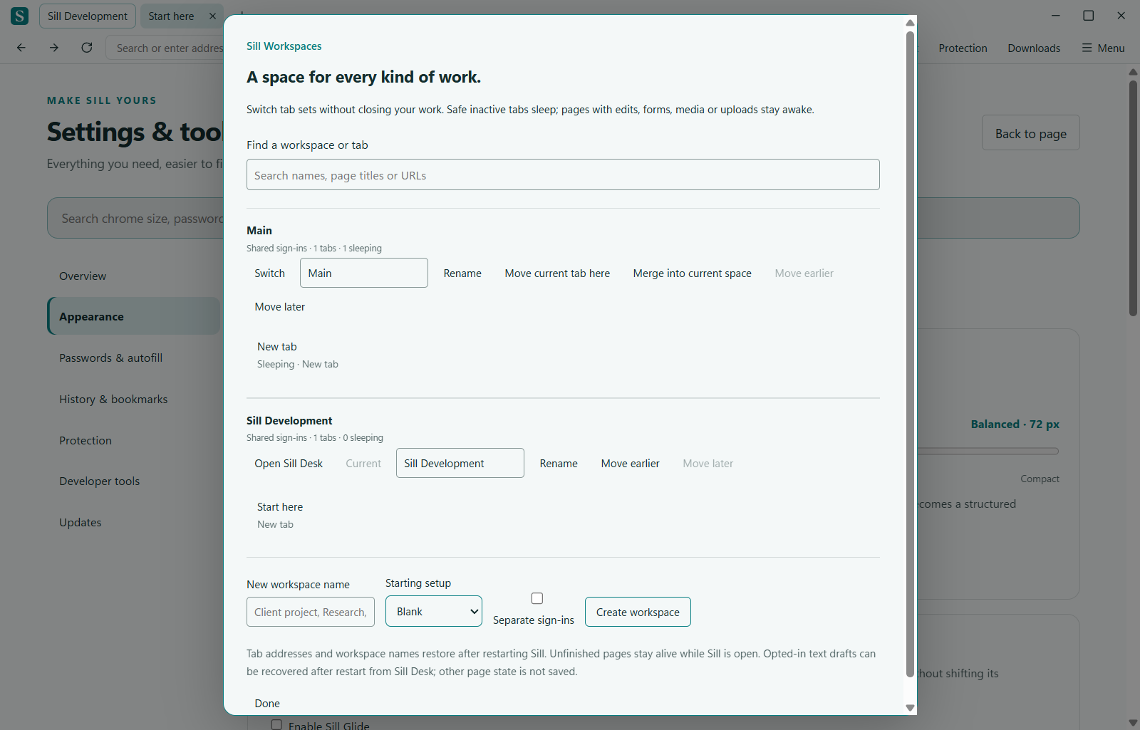 Sill browser workspaces interface